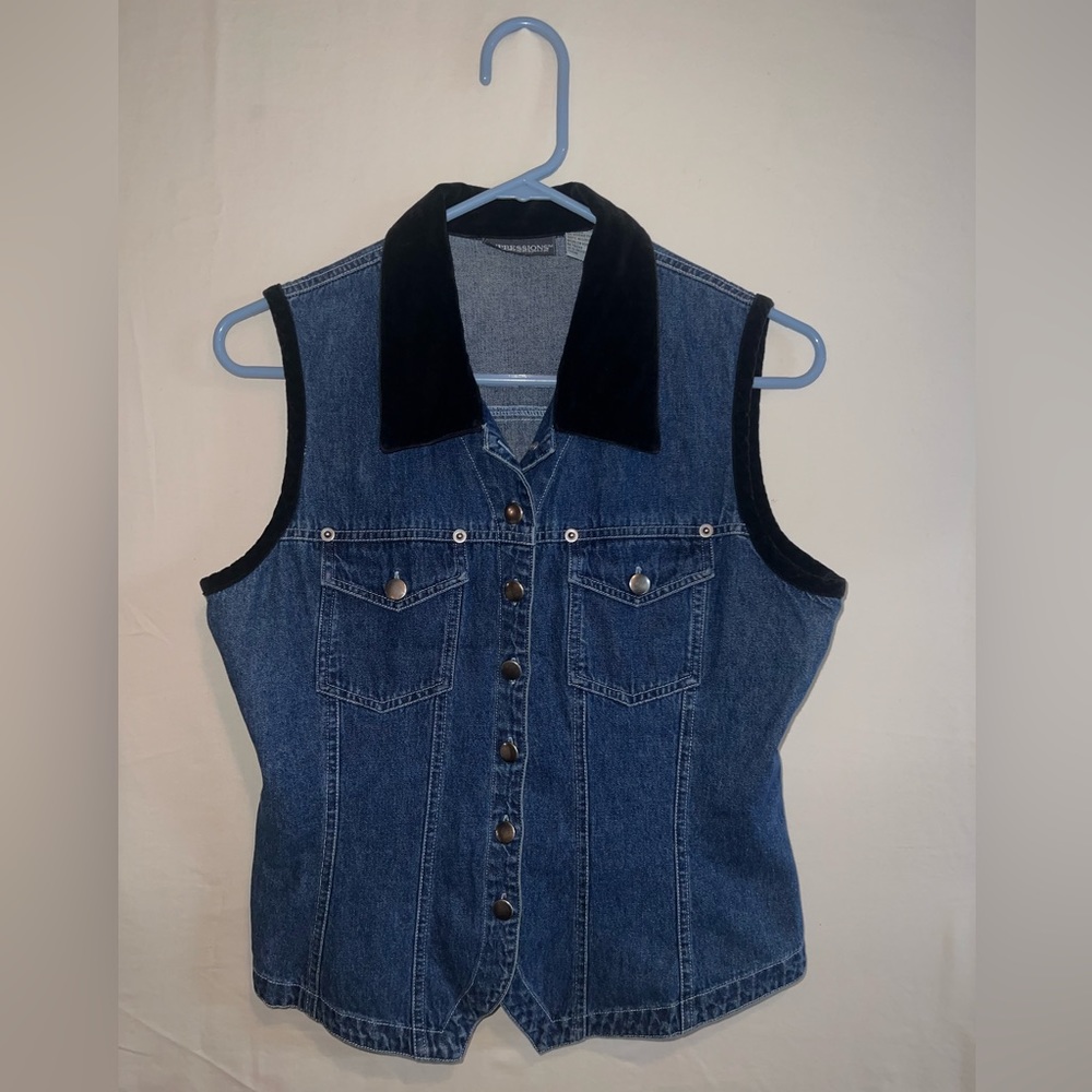 Expressions Black Velvet Collared Denim Button Down Vest